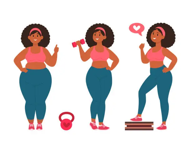 Vector illustration of Overweight woman shows the results in losing weight after activities. Fitness concept. Flat vector illustration isolated on white background