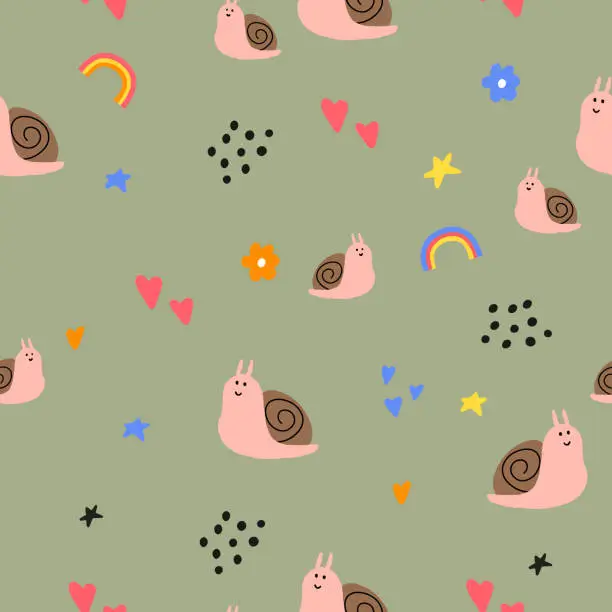 Vector illustration of Animals Parent with Baby. Snail animal. Brightly colored childish print. Cute animals for Mother's Day. Colorful kids seamless pattern