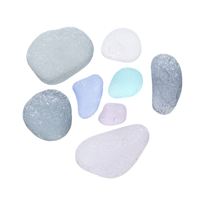 pieces of sea glass in different colors isolated on white background