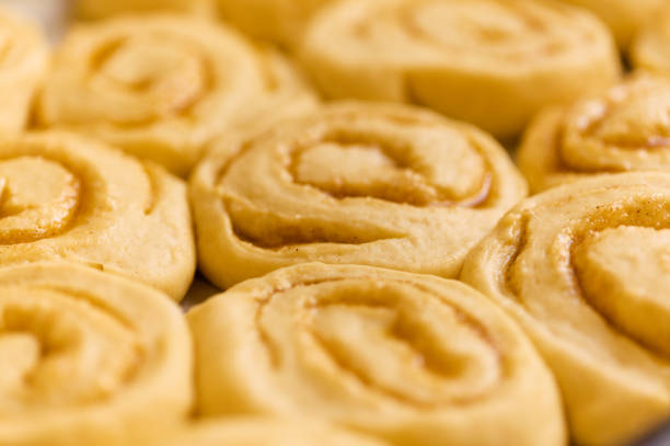 tray of cinnamon rolls ready to go into the oven, macro comfort food background