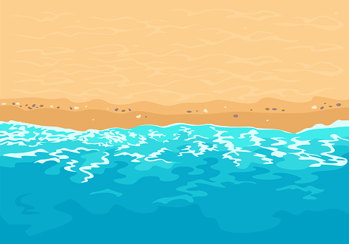 Sandy beach and blue ocean waves. Vector cartoon illustration of seashore.