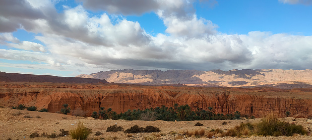 Panoramic view of the vast arid desert between Biskra and Batna. Algeria