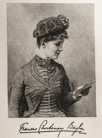 Illustration from Harper's Magazine Volume LXXIV -December 1886-May 1887 :-  Formal portrait  of Frances Courtenay Barnum (née Dawson, later Baylor; January 20, 1848 – October 15, 1920)   an American writer of fiction and short stories living in San Antonio and New Orleans