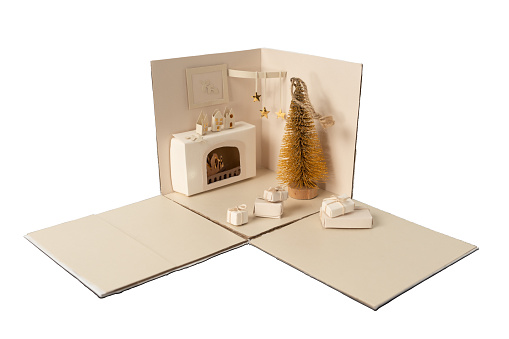 Cardboard installation on the theme of holidays and gifts.