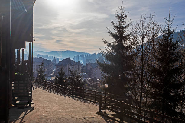 early morning at a ski resort on a sunny day. active recreation