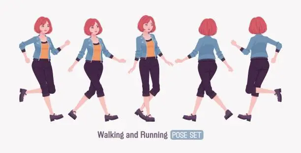 Vector illustration of Attractive young woman walk, run hurry posing