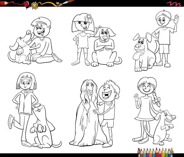 Vector illustration of cartoon children and dogs characters set coloring page