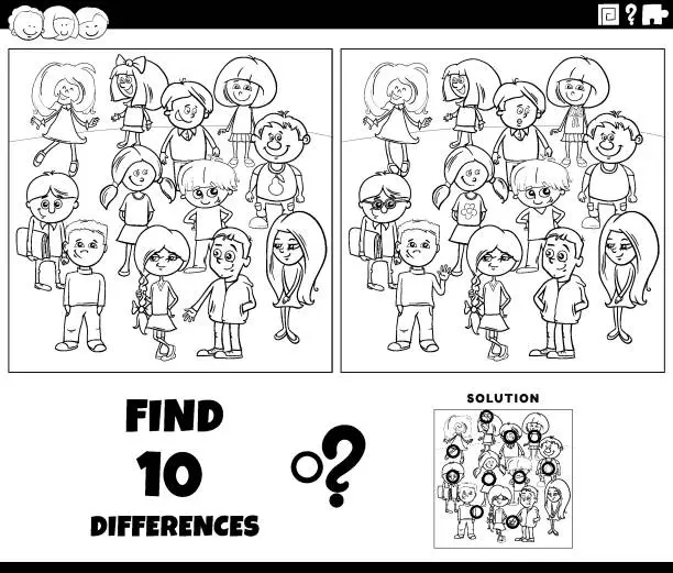 Vector illustration of differences activity with cartoon children coloring page