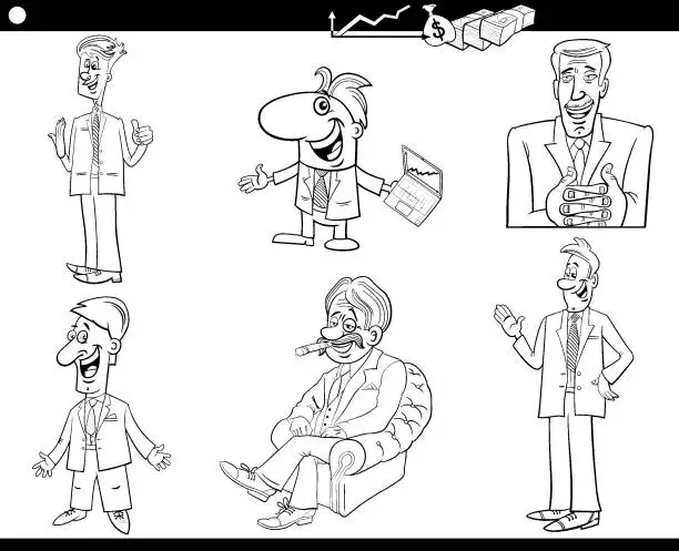 Vector illustration of cartoon business people characters set coloring page