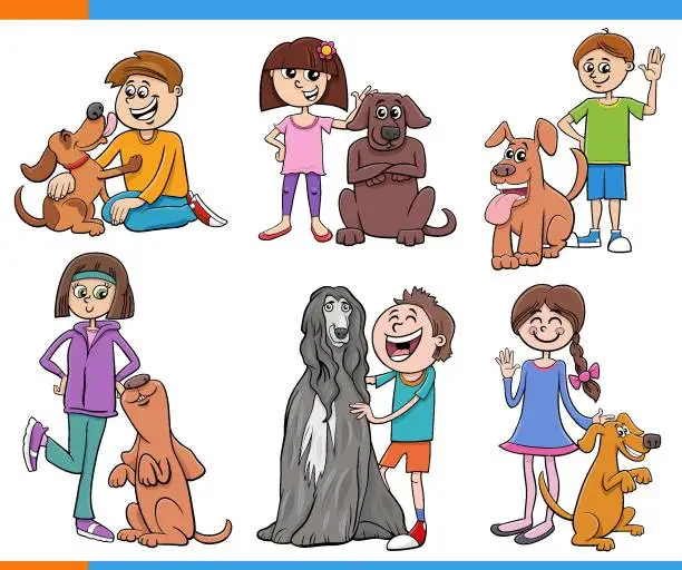 Vector illustration of cartoon children and their dogs characters set