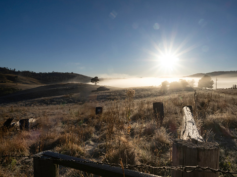 Mystical sunrise fog over farmland near Omeo Victoria