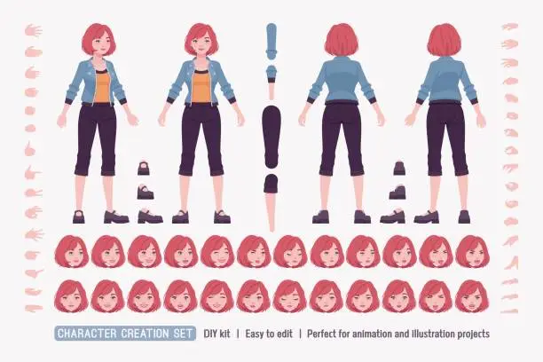 Vector illustration of Young red choppy bob haircut pale woman, character creation set