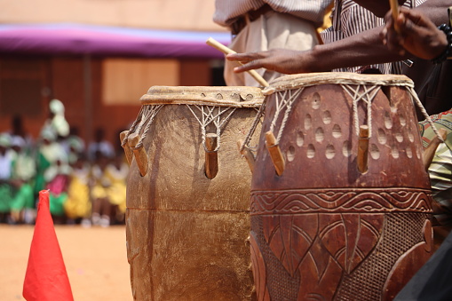 Wooden African drums made with animal skin surfaces  used to create beautiful melodies during