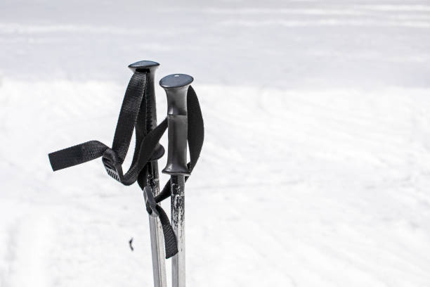 Protective sports equipment on ski poles at ski resort at sunny day. Black and white toned image.