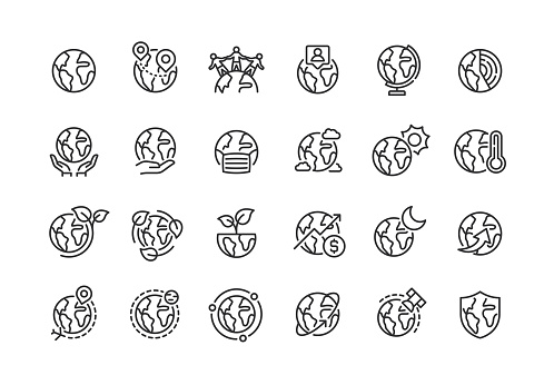 Planet Earth Line Icons. Pixel perfect. Editable stroke. Vector illustration.