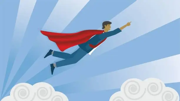 Vector illustration of Superhero flying in the sky. Dimension 16:9. Vector illustration.