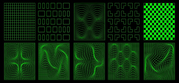 Set of neon geometric wireframe grids. Distorted grids based on psychedelic motives. Modern vector illustration of the 2000s
