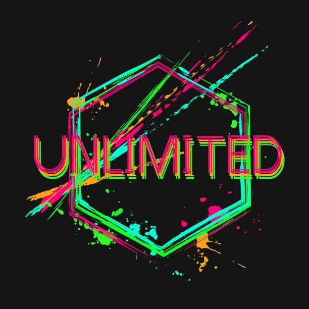 Vector illustration of Hexagonal label with text Unlimited, paint brush strokes, splattered paint of neon bright colors. Abstract geometric composition. Grunge style for sports goods, prints, clothing, t shirt design