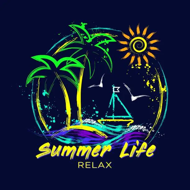 Vector illustration of Summer holiday circular emblem with tropical island, yacht, sun icon, ocean waves, text. Paint brush strokes, splattered paint. Bright glowing neon fluorescent colors. Outline, contour illustrations