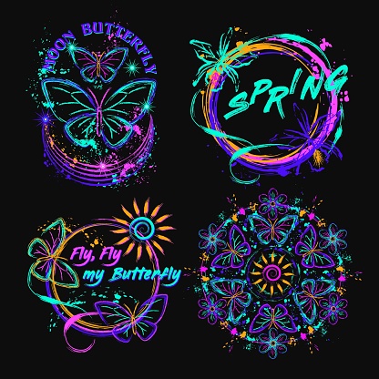 Set of mystical celestial labels with butterfly, sun icon, paint brush strokes, splattered paint. Glowing neon fluorescent colors, text. Virtual surreal nature. Outline, contour illustrations.
