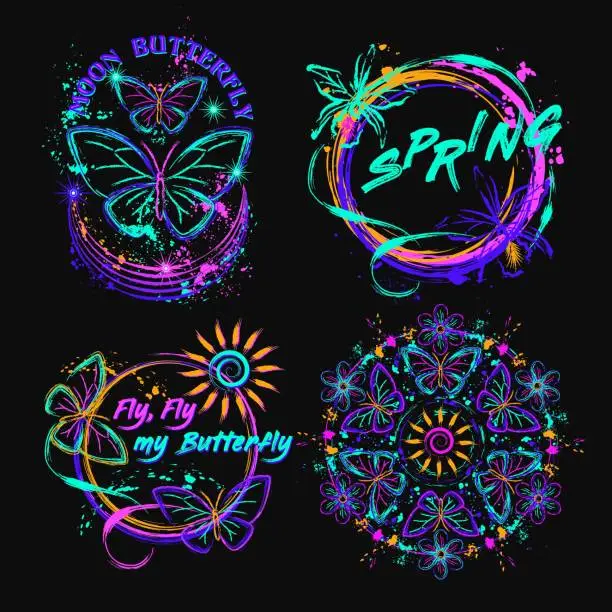 Vector illustration of Set of mystical celestial labels with butterfly, sun icon, paint brush strokes, splattered paint. Glowing neon fluorescent colors, text. Virtual surreal nature. Outline, contour illustrations.