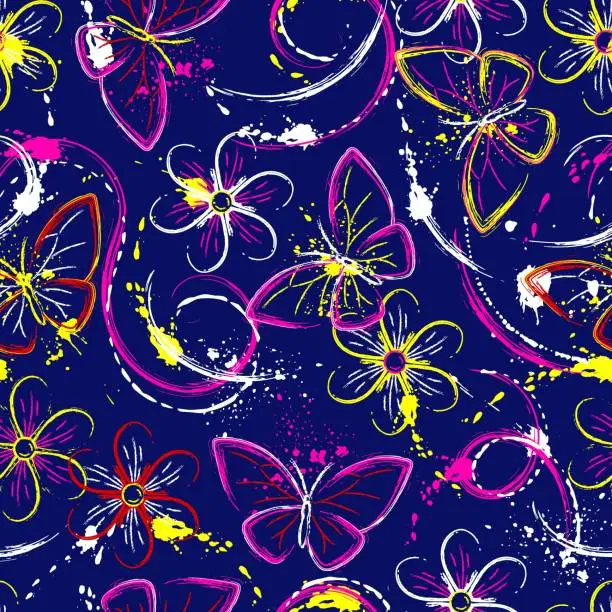 Vector illustration of Seamless fantasy pattern with flowers, butterfly, paint brush strokes, spattered paint. Bright glowing neon colors. Outline, contour illustrations. Virtual surreal nature.
