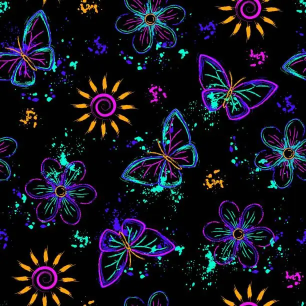 Vector illustration of Seamless fluorescent fantasy pattern with sun, butterfly, paint brush strokes, spattered paint. Bright glowing neon colors. Outline, contour illustrations. Virtual surreal nature background.