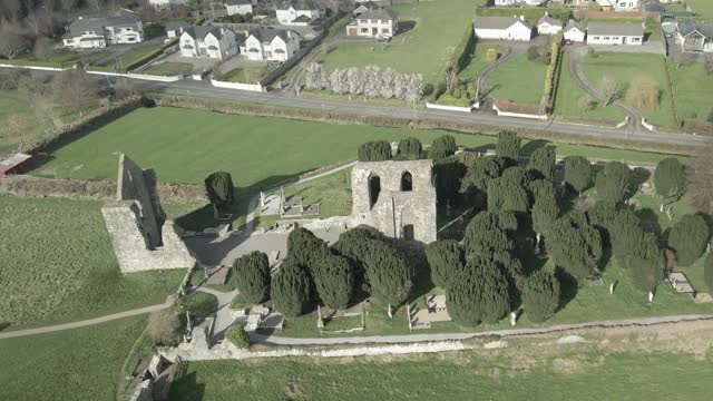 Aerial View Of Ruins Of Cathedral of St. Peter and Paul And Newtown Clonbun Parish Church In Trim, Ireland.