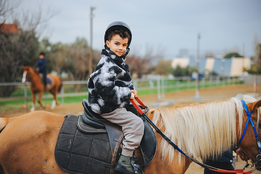 Ranch, happy and boy child on a horse to practice riding for a championship, competition or race. Happiness, animal and kid with smile practicing to ride a pony pet on a field or farm in countryside