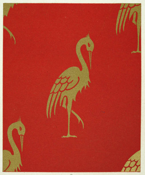 Vintage illustration, Heraldic symbols, Gold crame or heron on red background, Polychromatic decoration in medieval styles, History Decorative arts