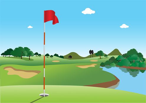 Golf hole vector green tee background illustration with flag and trees.