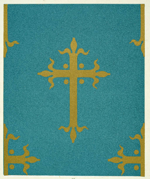 istock Heraldic symbols, Gold Jerusalem cross on turquoise background, Polychromatic decoration in medieval styles, History Decorative arts 2118179574