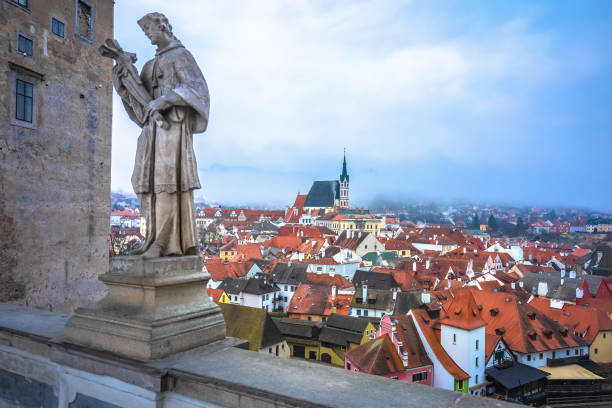 Town of Cesky Krumlov and Vltava river panoramic view from castle,  South Bohemian Region of the Czech Republic