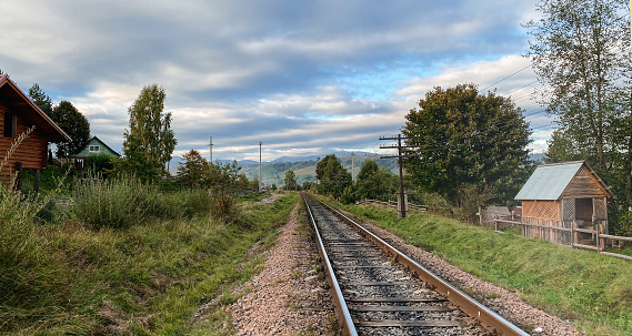 A train tracks with trees and grass in sunny day.