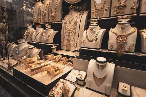 Gold shop on the traditional arabic market Manama Souq in Bahrain