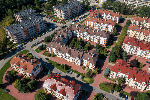 Aerial view of a new residential neighborhood with  modern apartment houses.