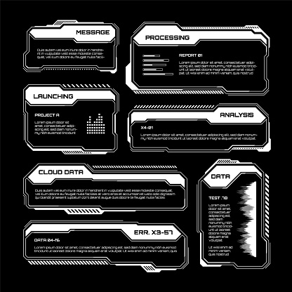 White futuristic HUD, UI elements. Sci-fi user interface text boxes, callouts. Warning message frames, information boxes template. Modern game interface layout in digital style. Vector illustration.