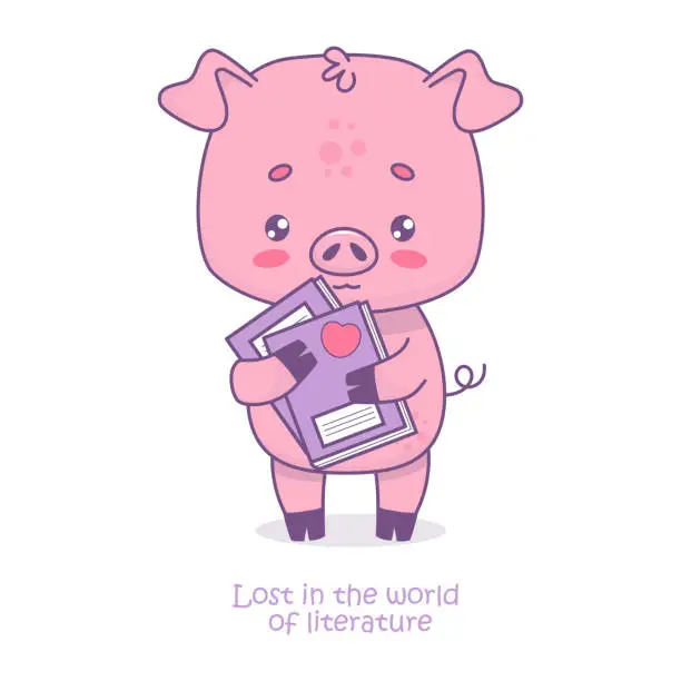 Vector illustration of Cute little pig with book. Vector illustration. Card with cartoon kawaii animal character with funny slogan. Kids collection.