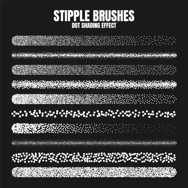 Vector illustration of Stipple scatter brush, ink drawing and texturing. Fading gradient. Stippling, dotwork drawing, shading using dots. Halftone disintegration effect. White noise grainy texture. Vector illustration