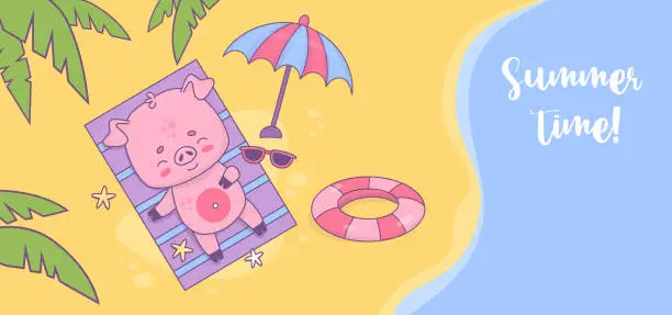 Vector illustration of Summer time horizontal poster. Happy pig beachgoer sunbathing on tropical shore under palm leaves. Cute funny beach holiday animal character. Vector illustration.
