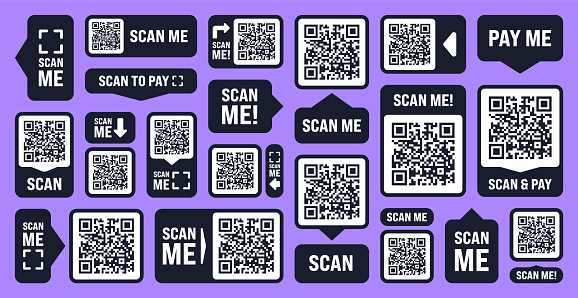 Scan me QR code sticker. Online payment. Special offer sale stickers, shopping discount label or promotional badge. Serial number, product ID. Supermarket retail label, price tag. Vector illustration.