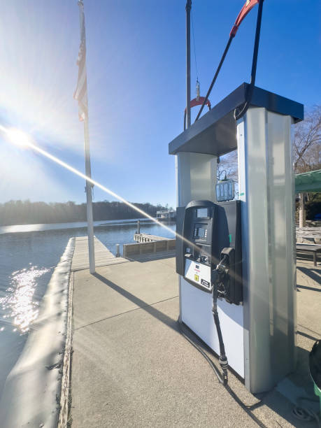 Gas pump on a deck in a marina in a lake