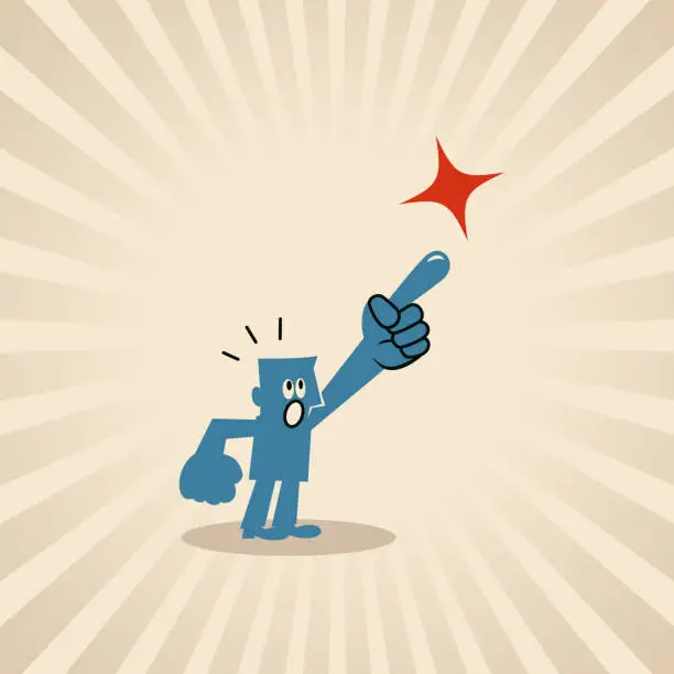 Vector illustration of A blue man points upward with his index finger in surprise