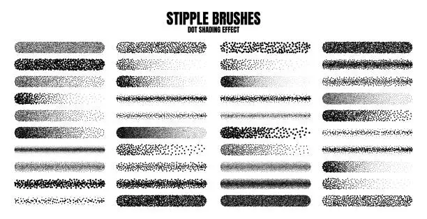 Vector illustration of Stipple scatter brush, ink drawing and texturing. Fading gradient. Stippling, dotwork drawing, shading using dots. Halftone disintegration effect. White noise grainy texture. Vector illustration