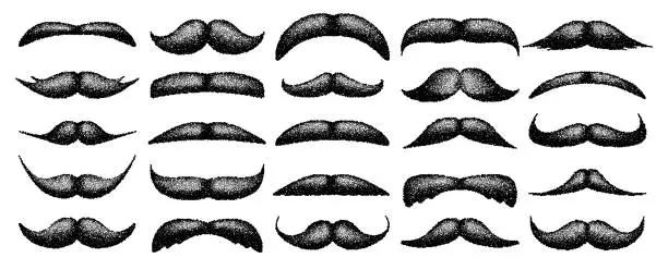 Vector illustration of Stippled vintage mustache. Curly facial hair. Hipster beard. Stippling, dot drawing and shading, stipple pattern, halftone effect. Vector illustration