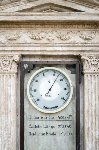 Bregenz, Austria - March 15, 2024: Historic thermometer in the park on the shores of Lake Constance