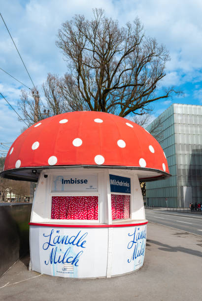 Bregenz, Austria - March 15, 2024: Historical milk mushroom in Bregenz - a kiosk selling ice cream and dairy products