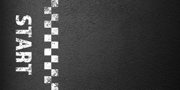istock Asphalt road with white start line marking, concrete highway surface, texture. Street traffic lane, road dividing strip. Pattern with grainy structure, grunge stone background. Vector illustration 2118362985