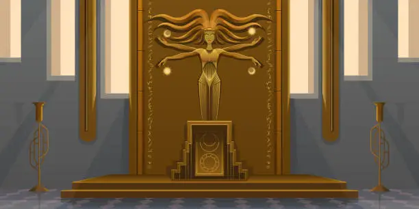 Vector illustration of Interior of a temple with a golden statue of a goddess in retrofuturism style. A floating statue of a four-armed woman with flowing hair. Altar, symbols of the moon and sun, panel with hieroglyphs.
