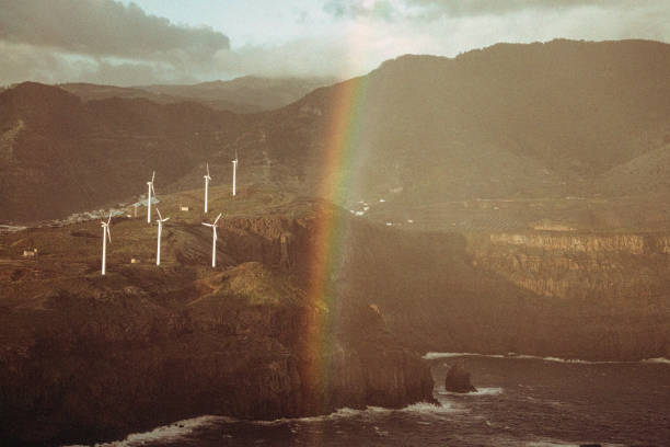 Sustainable living. Wind turbines on greenery island. Climate consciousness.
